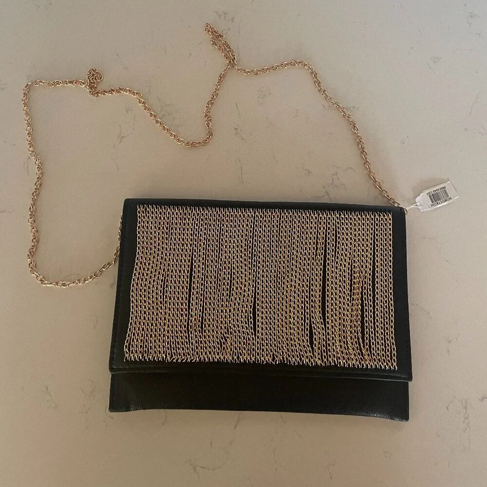 Natasha Couture Gold Chain‎ Link, Black Leather Clutch / Crossbody, Snap Flap
